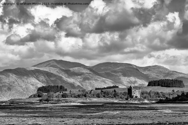 Castle Stalker Appin Scotland monochrome Picture Board by Graham Moore