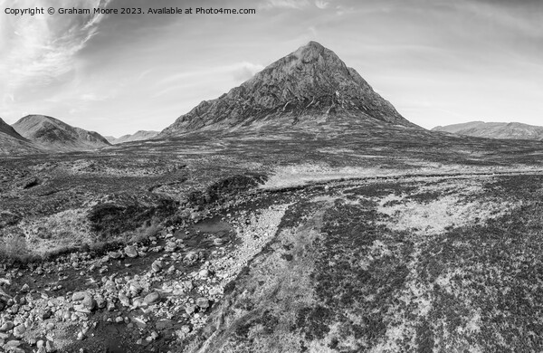 Buachaille Etive Mor and River Coupall monochrome Picture Board by Graham Moore