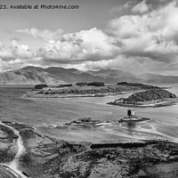 Buy canvas prints of Castle Stalker elevated panorama monochrome by Graham Moore