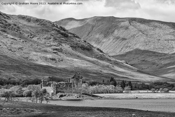 Kilchurn Castle from shore monochrome Picture Board by Graham Moore