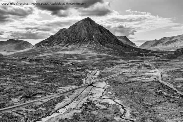 Buachaille Etive Mor and River Etive monochrome Picture Board by Graham Moore