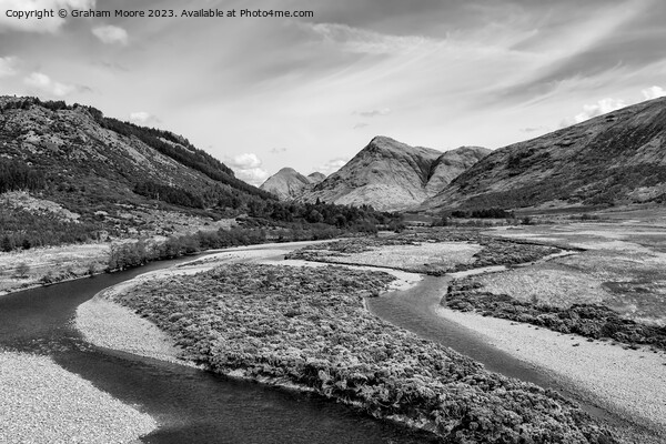 River Etive in Glen Etive monochrome Picture Board by Graham Moore