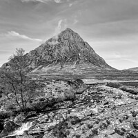 Buy canvas prints of Buachaille Etive Mor and falls monochrome by Graham Moore