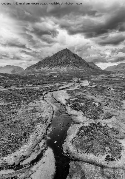 Buachaille Etive Mor and River Etive simulated sunset monochrome Picture Board by Graham Moore
