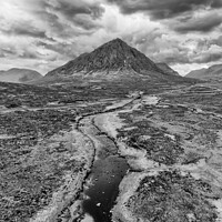 Buy canvas prints of Buachaille Etive Mor and River Etive simulated sunset monochrome by Graham Moore