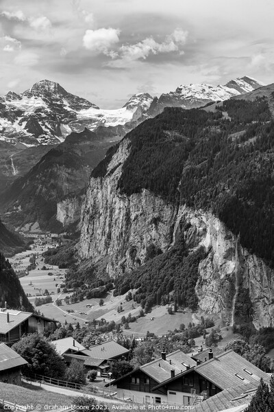 Lauterbrunnen valley and Breithorn monochrome Picture Board by Graham Moore