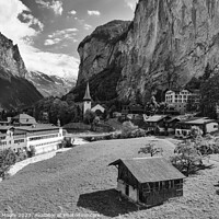 Buy canvas prints of Lauterbrunnen village and Staubbach falls monochrome by Graham Moore