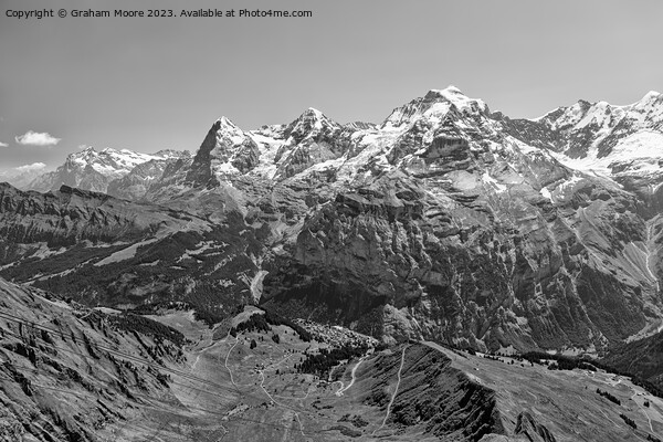 Eiger Monch Jungfrau and Murren from Birg monochrome Picture Board by Graham Moore