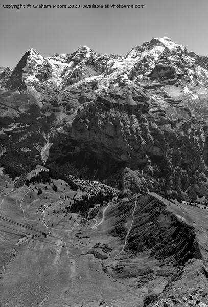 Eiger Monch Jungfrau and Murren from Birg monochrome Picture Board by Graham Moore