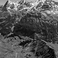 Buy canvas prints of Eiger Monch Jungfrau and Murren from Birg monochrome by Graham Moore