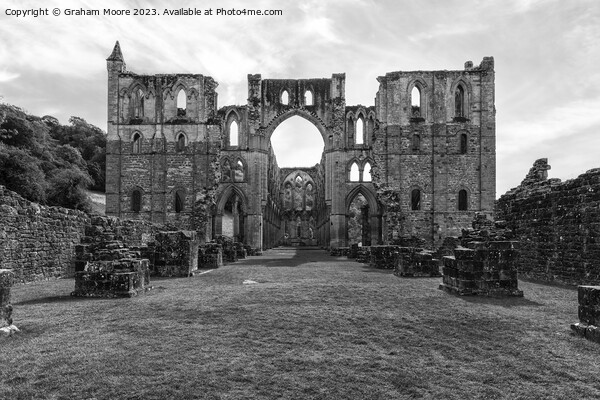 Rievaulx Abbey from the west monochrome Picture Board by Graham Moore
