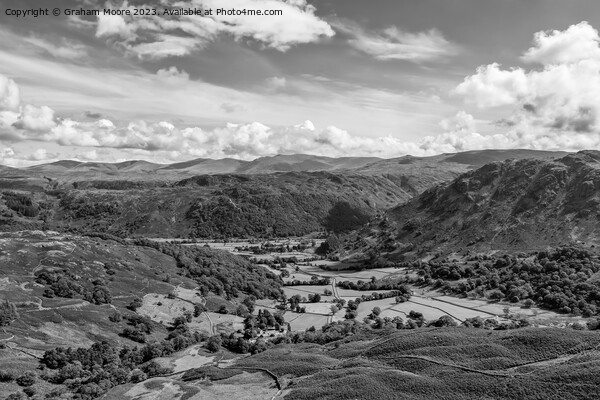 Borrowdale from the Honister Pass monochrome Picture Board by Graham Moore