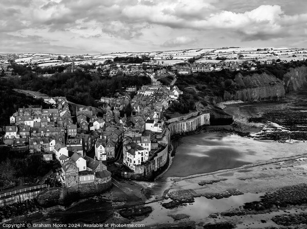Robin Hoods Bay in snow monochrome Picture Board by Graham Moore