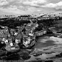 Buy canvas prints of Robin Hoods Bay in snow monochrome by Graham Moore
