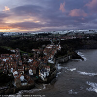 Buy canvas prints of Robin Hoods Bay in snow sunset tide in by Graham Moore