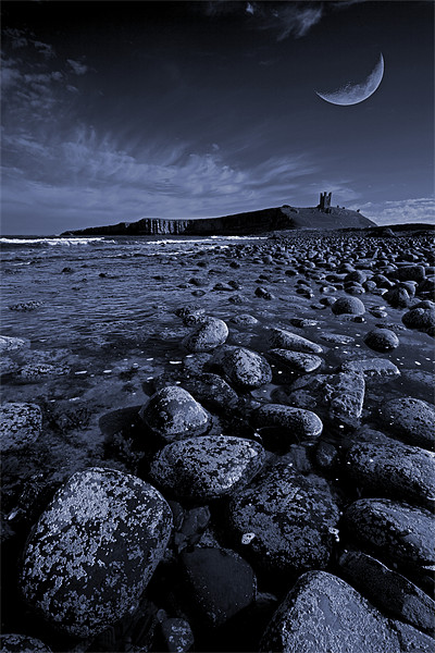 Dunstanburgh Castle with crescent moon Picture Board by Graham Moore