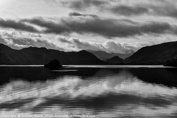 Castle Crag across Derwentwater monochrome Picture Board by Graham Moore