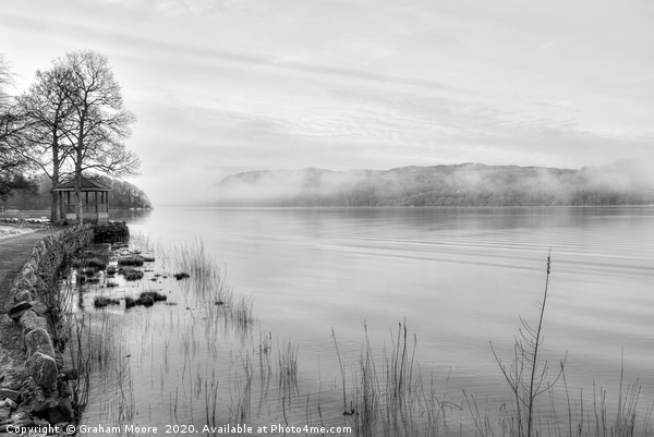 Lake Windermere misty morning monochrome Picture Board by Graham Moore