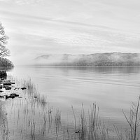 Buy canvas prints of Lake Windermere misty morning monochrome by Graham Moore
