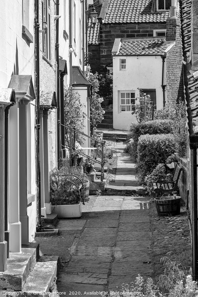 Robin Hoods Bay street monochrome Picture Board by Graham Moore