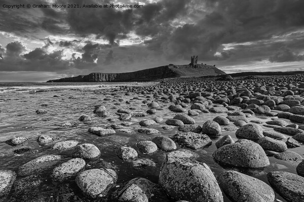 Dunstanburgh Castle from the north monochrome Picture Board by Graham Moore