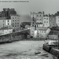 Buy canvas prints of Tenby Harbour Beach and Georgian Houses in Black and White by Martin Chambers