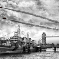 Buy canvas prints of Red Arrows London Tower Bridge Flyby by Jason Green