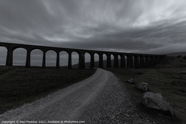 Ribblehead Viaduct and path - black and white Picture Board by Paul Madden