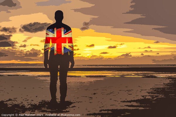 Crosby Beach Iron Man with Union Jack Picture Board by Paul Madden