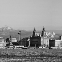 Buy canvas prints of Liverpool Skyline Panoramic B+W by Paul Madden