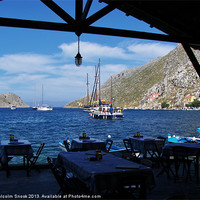 Buy canvas prints of Yachts Anchored Outside Restaurant by Malcolm Snook