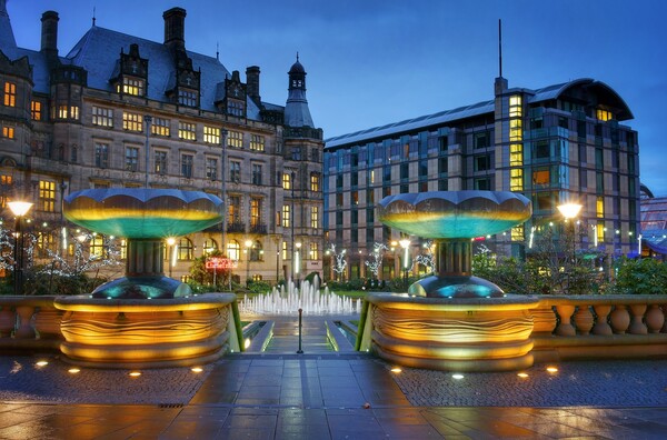 Sheffield Town Hall and Peace Gardens at Night   Picture Board by Darren Galpin