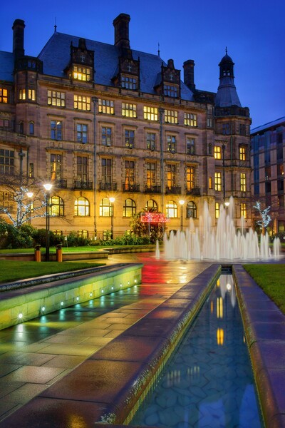 Sheffield Town Hall and Goodwin Fountain at Night   Picture Board by Darren Galpin