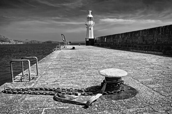 Mevagissey Lighthouse Black and White Picture Board by Darren Galpin