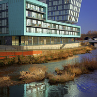 Buy canvas prints of Modern Apartment Buildings next to River Don by Darren Galpin