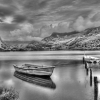 Buy canvas prints of Llyn Nantlle fishing boat mono by Pete Lawless