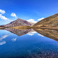 Buy canvas prints of  Reflections of Pen Yr Ole Wen in Llyn Idwal, Snow by Pete Lawless