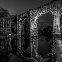 Buy canvas prints of    Knaresborough Viaduct at night mono by Pete Lawless