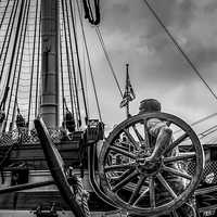 Buy canvas prints of  Dock Worker Statue & HMS Victory by Jon Mills